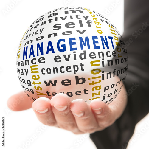 Transparent ball with inscription management in a hand