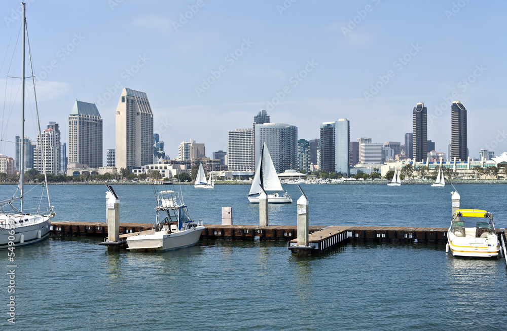 San Diego skyline and a small marina.