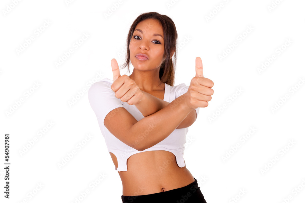 Portrait Of african Young Woman Showing Thumb up sign Portrait Of african Young Woman Showing Thumb up sign