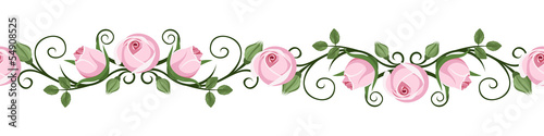 Vintage horizontal seamless vignettes with pink rosebuds. Vector