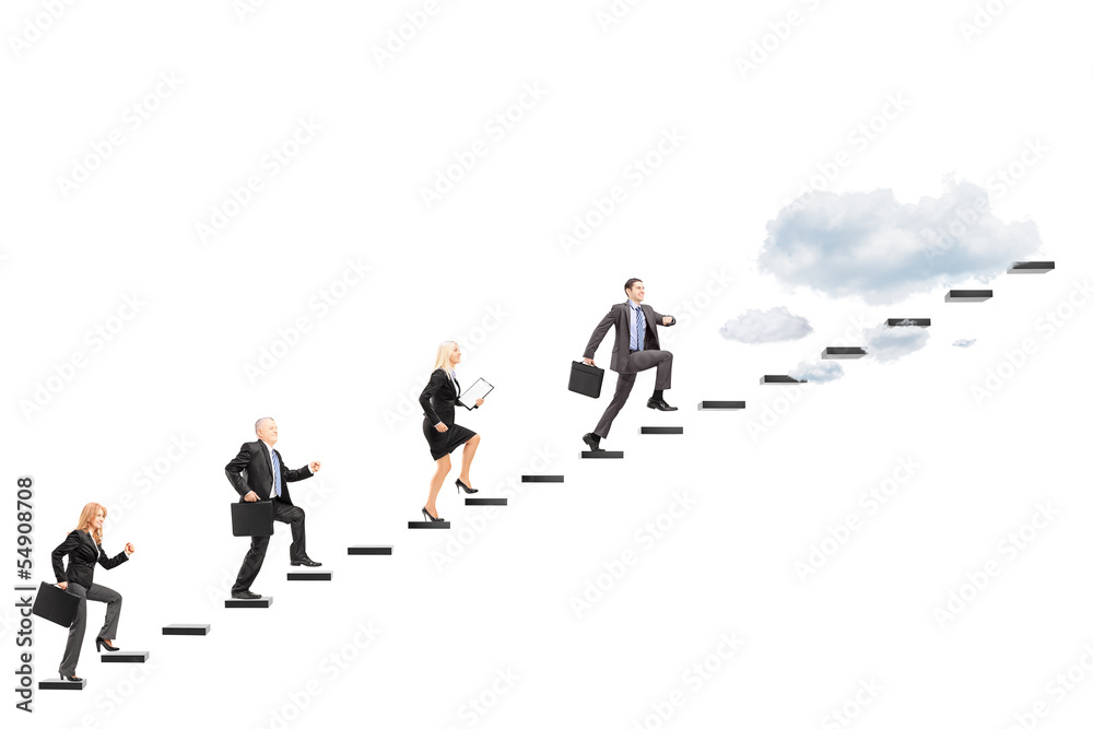 Group of businesspeople walking towards the heights
