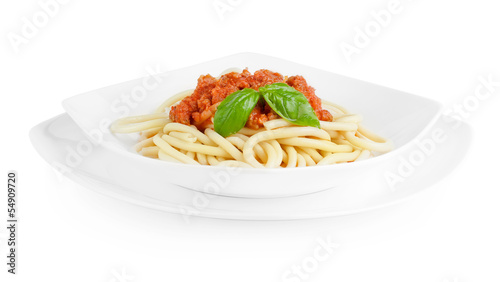 Spaghetti Bolognese on white with clipping paths