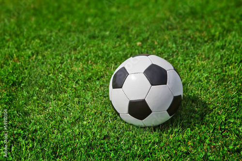 New soccer ball on green grass © Timmary