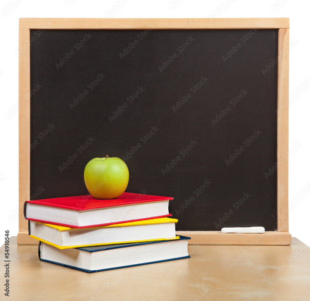Back to school. School board and books and apple isolated Back to school. School board and books and apple isolated