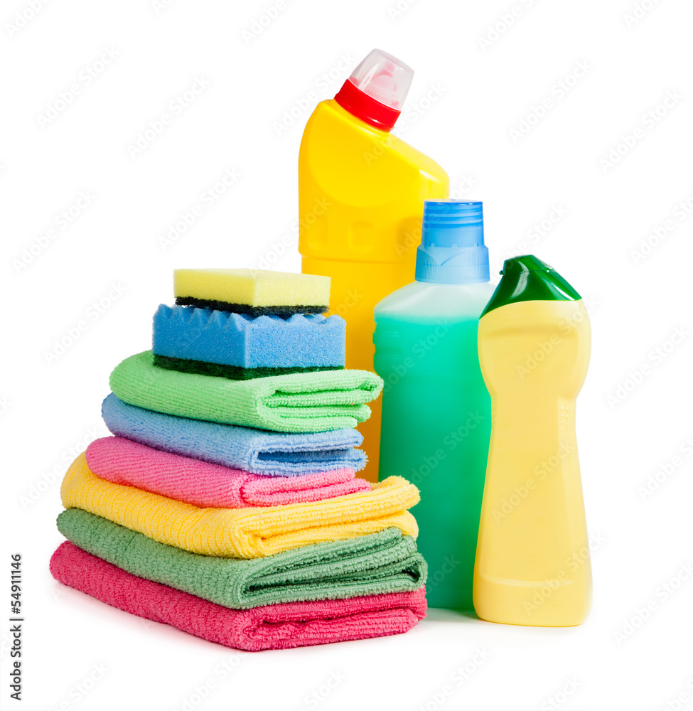 Bottles of chemicals, sponges for washing dishes and napkins for Bottles of chemicals, sponges for washing dishes and napkins for