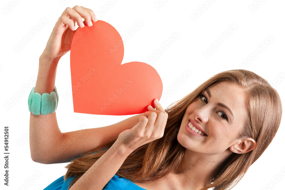 junge lachende attraktive frau mit einem herz liebe isoliert junge lachende attraktive frau mit einem herz liebe isoliert