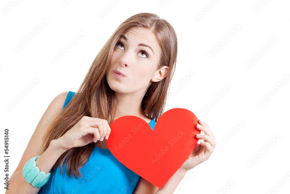 junge lachende attraktive frau mit einem herz liebe isoliert junge lachende attraktive frau mit einem herz liebe isoliert
