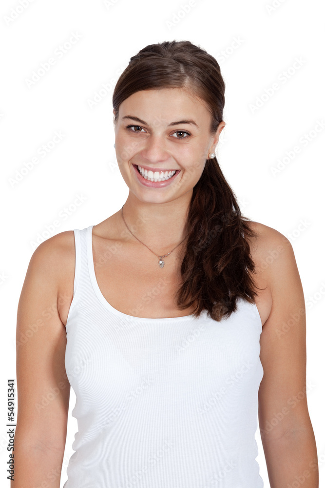 lachende junge frau im freizeit outfit isoliert lachende junge frau im freizeit outfit isoliert
