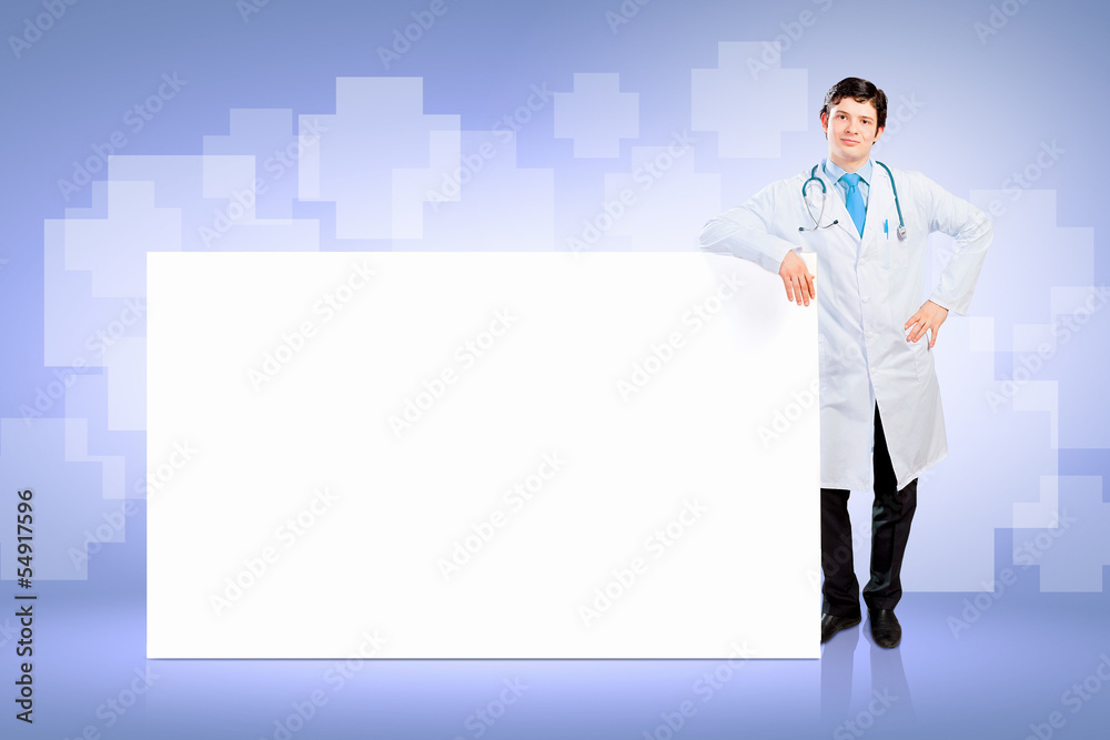 Male doctor with banner Male doctor with banner