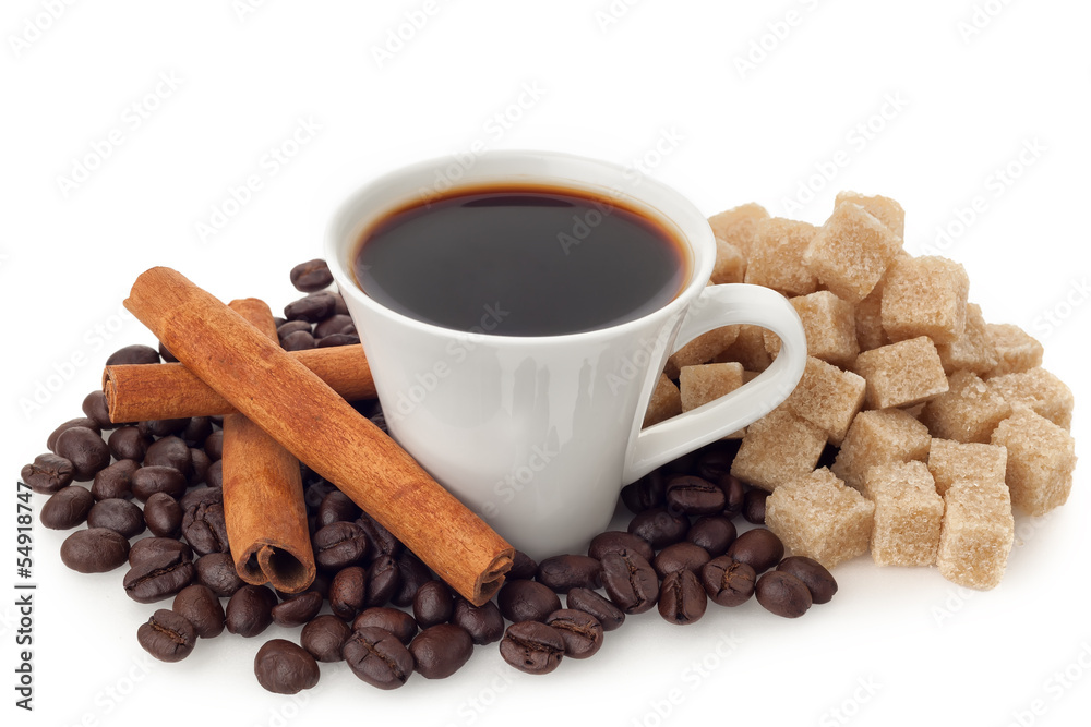Fototapeta premium Coffee cup and beans with sugar and cinnamon on white background
