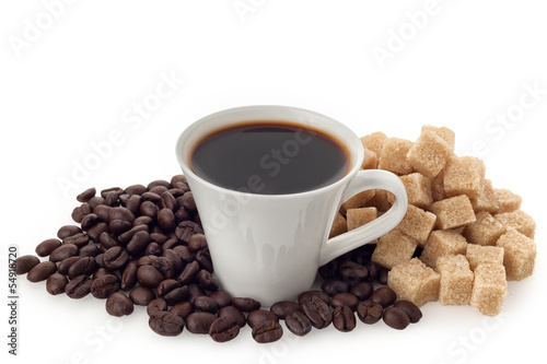 Coffee cup and beans with cube sugar
