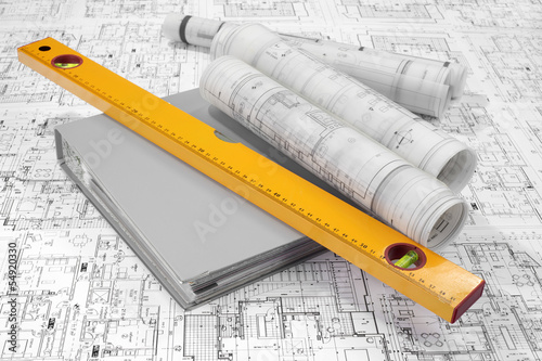 Level, grey folder document and project drawings