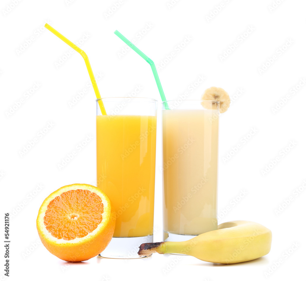 Juices of orange and banana. Fruits. Juices of orange and banana. Fruits.