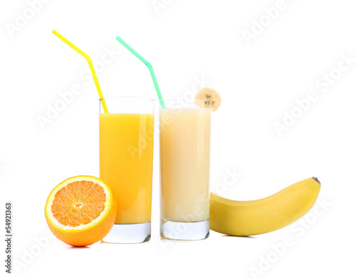 Juices of orange and banana. Fruits.