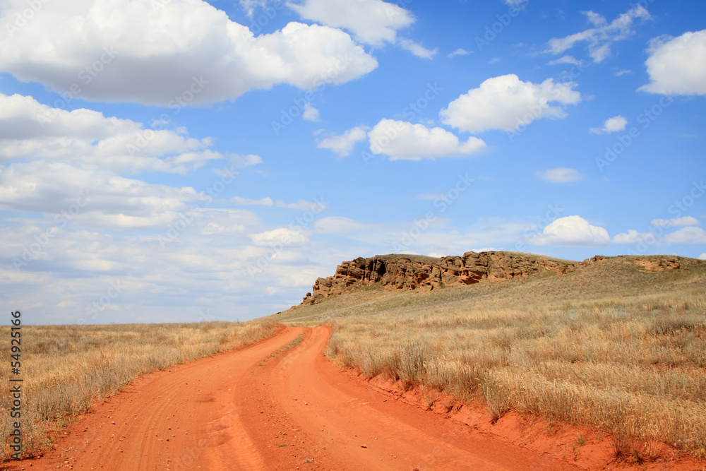 Dirt road orange prairie, going to the blue sky