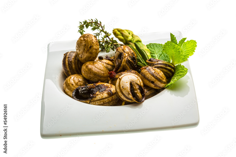 Escargot with asparagus, rosemary, thymus and tomato Escargot with asparagus, rosemary, thymus and tomato