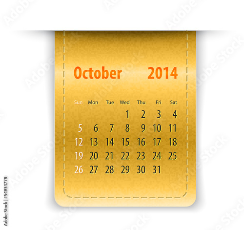 Glossy calendar for october 2014 on leather texture. Sundays fir