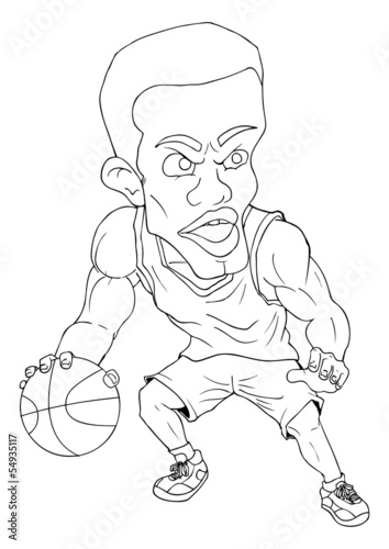 Line-art caricature of a man playing basketball