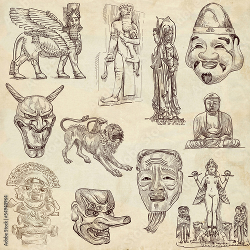 Native and old art around the world - drawings on old paper