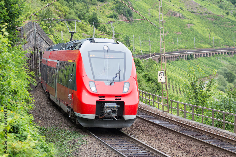 Train driving along vineyards near the river Moselle in Germany