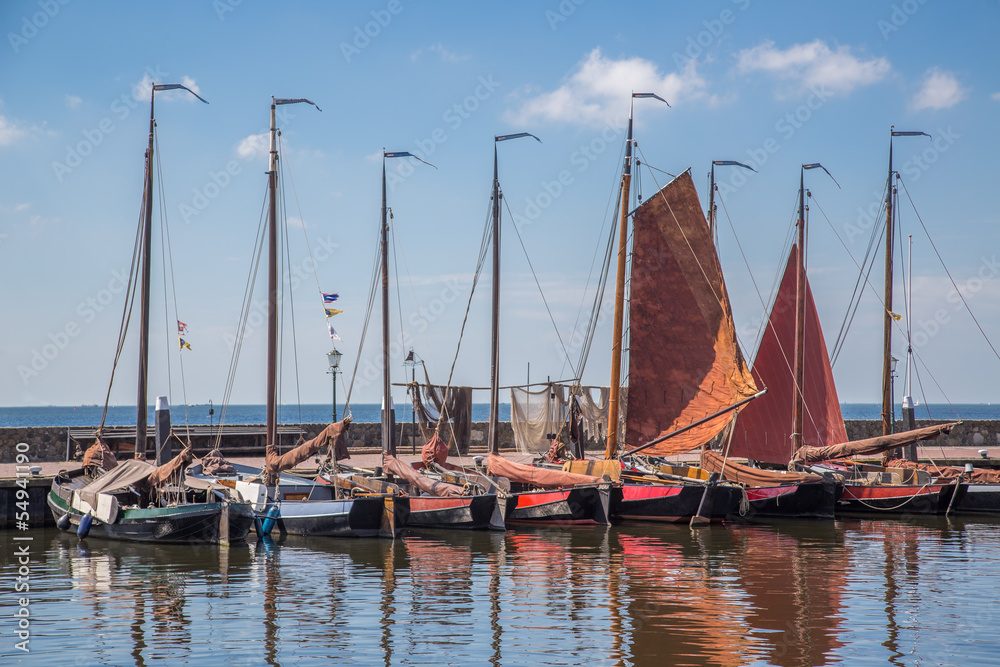 Dutch harbor of Urk with traditional wooden fishing boats