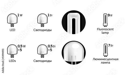 White 3-D tech icons set: LED and lamps
