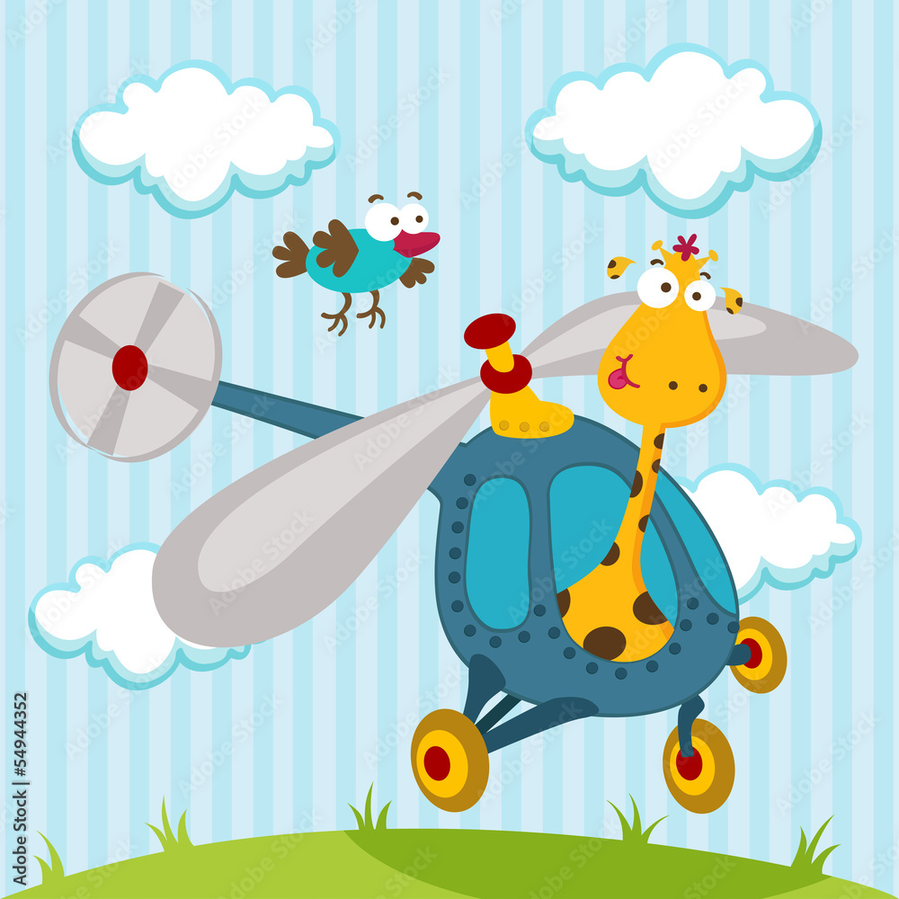 Fototapeta premium giraffe and bird on a helicopter - illustration vector