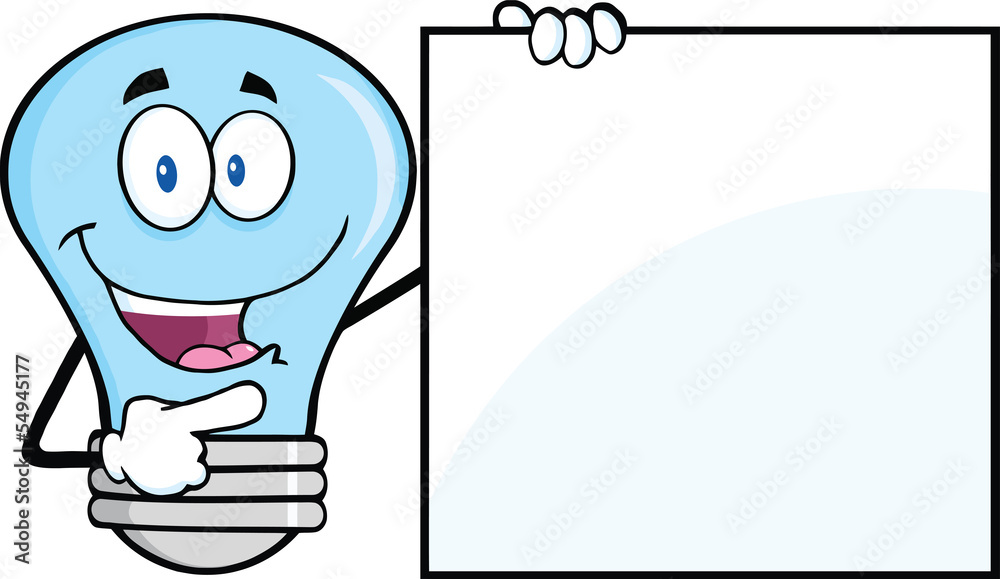 Naklejka premium Blue Light Bulb Cartoon Mascot Character Showing A Blank Sign