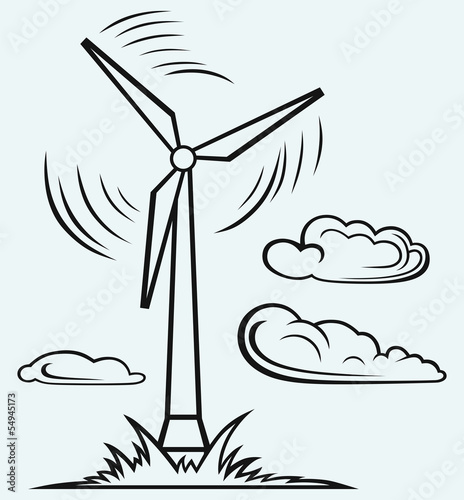 Windmill and clouds isolated on blue background