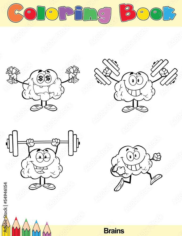 Coloring Book Page Brain Cartoon Character 3