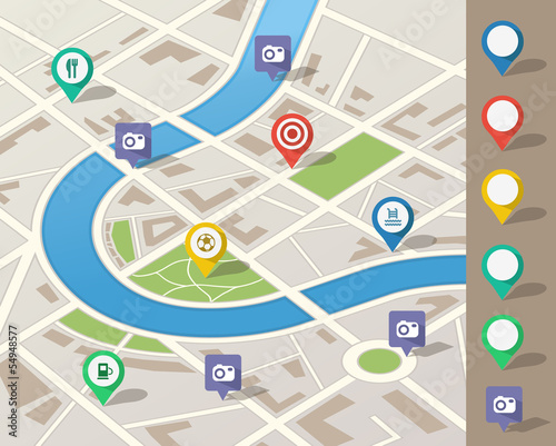 city map illustration with location pins