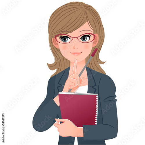 講師 女性 Eye glasses teacher touching chin with index fingher
