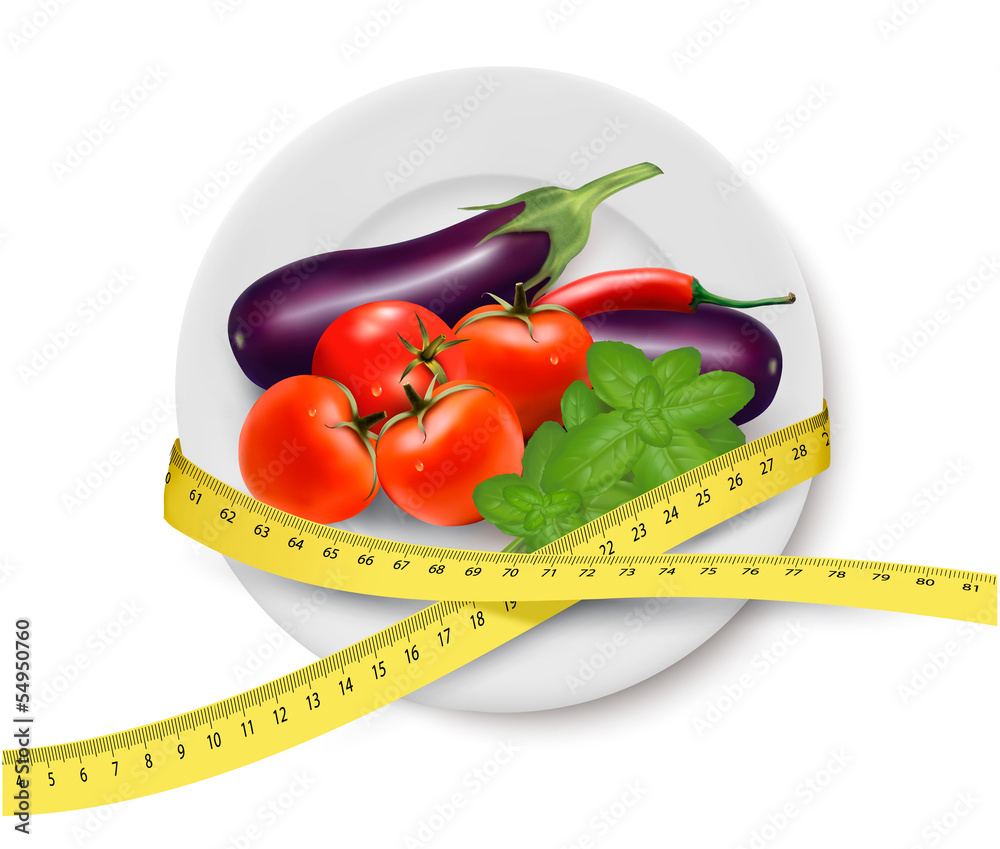 Diet meal. Vegetables in a plate with measuring tape. Concept of Diet meal. Vegetables in a plate with measuring tape. Concept of