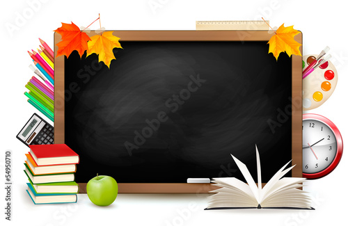 Back to school. Blackboard with school supplies. Vector.