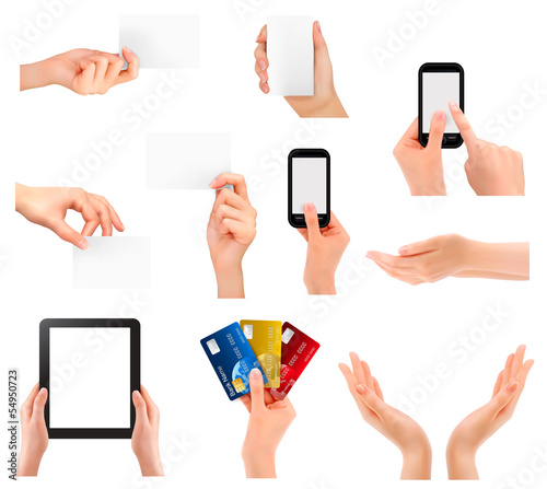Set of hands holding different business objects. Vector illustra