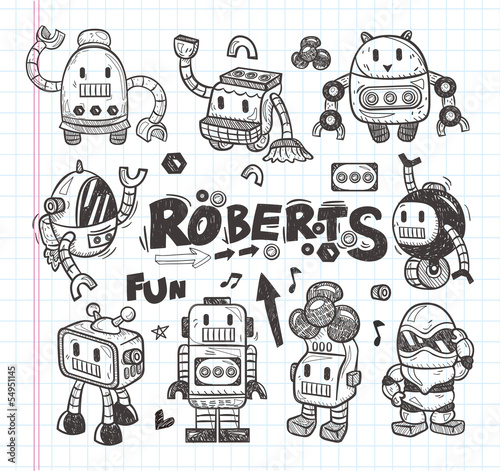 set of doodle robot icons, illustrator line tools drawing.