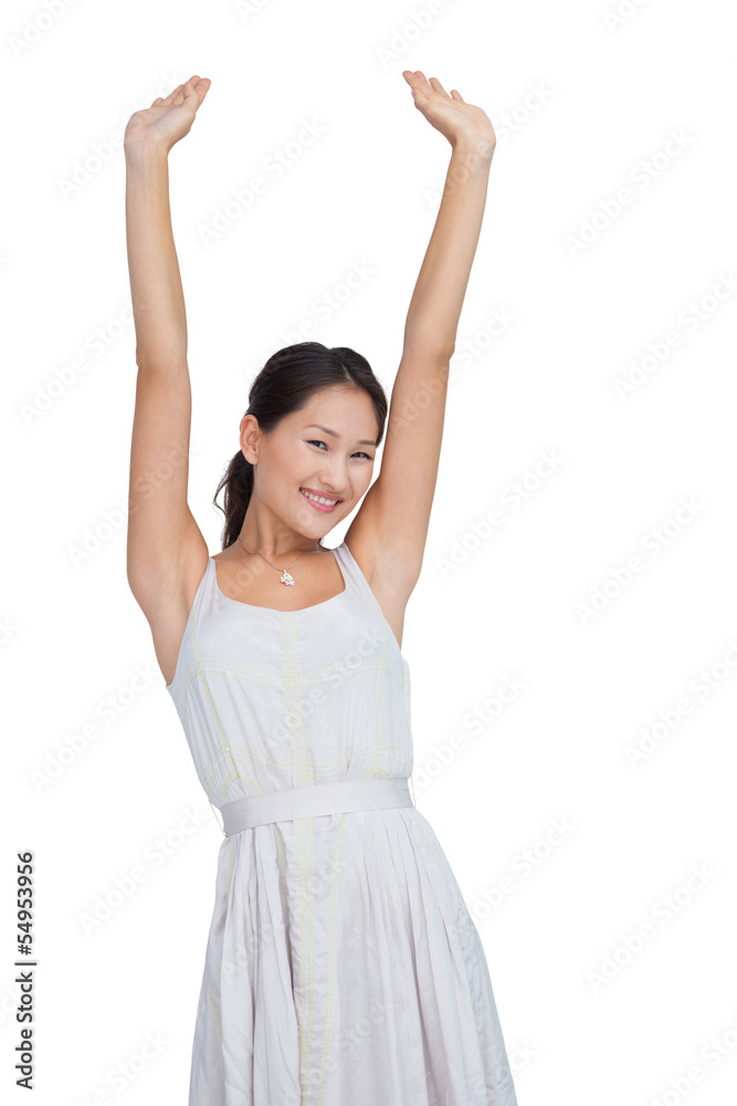 Beautiful woman cheering and looking at camera Beautiful woman cheering and looking at camera