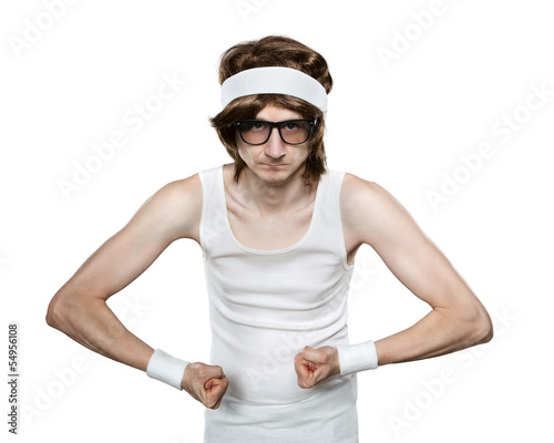 Funny retro nerd flexing his muscle isolated on white background photo