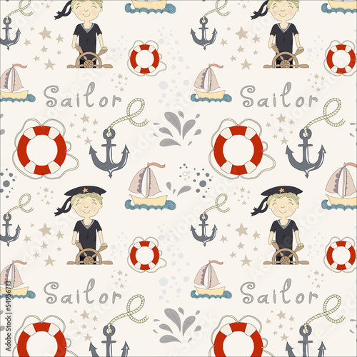 Pattern with little sailor and various marine objects
