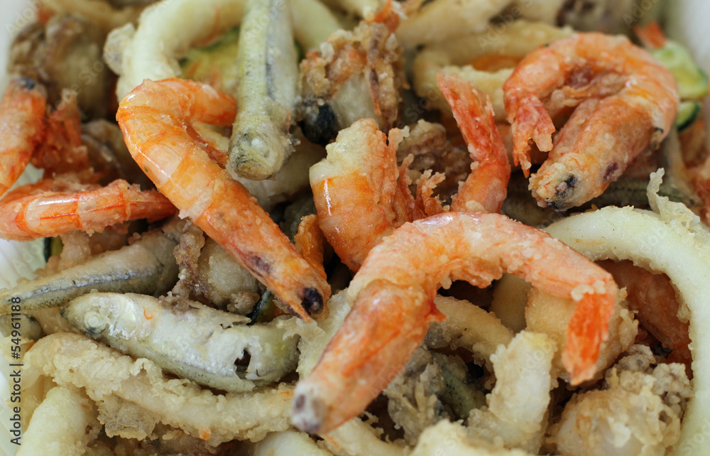 fried fish with crispy fried shrimp and vegetables fried fish with crispy fried shrimp and vegetables