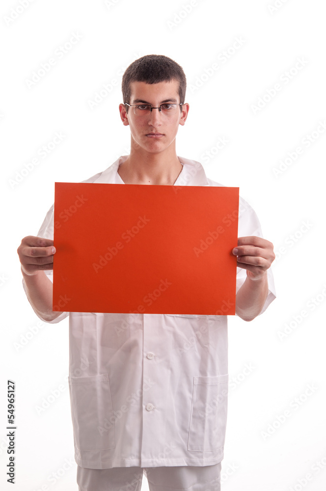 doctor or assistant dressed in white showing empty sign with cop doctor or assistant dressed in white showing empty sign with cop