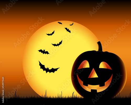 Grinning pumpkin with bats on backgound halloween