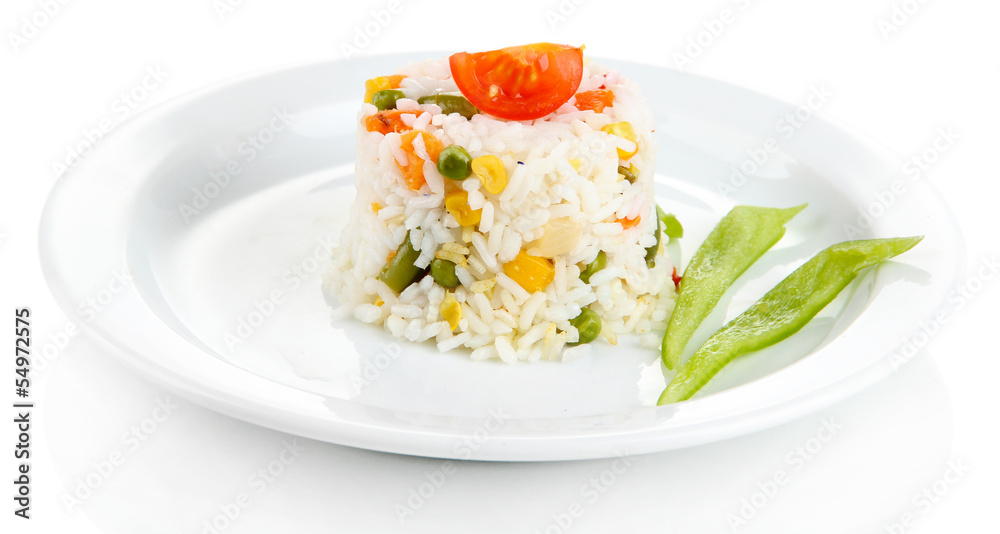 Delicious risotto with vegetables, isolated on white Delicious risotto with vegetables, isolated on white