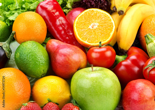 bright background of ripe fruits  and vegetables