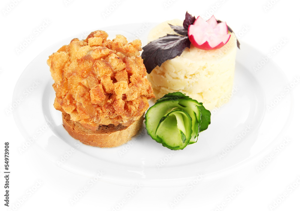 Chicken Kiev and mashed potatoes on plate, isolated on white Chicken Kiev and mashed potatoes on plate, isolated on white