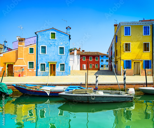 Venice landmark, Burano canal, houses and boats, Italy