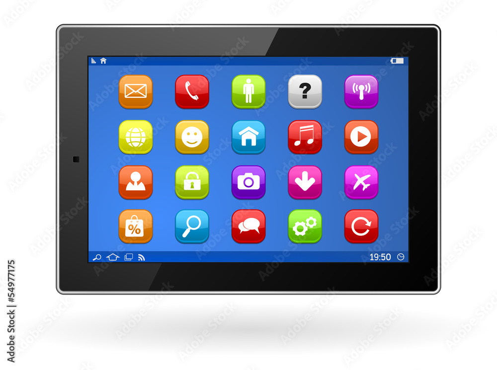 tablet computer pc with apps icon set