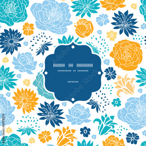 Vector blue and yellow flowersilhouettes frame seamless pattern