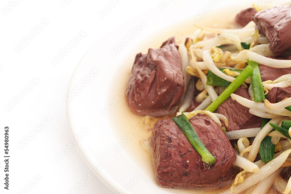 Fried blood jelly with bean sprouts and green onion