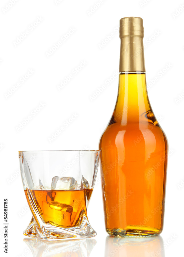 Glasses of whiskey with bottle, isolated on white Glasses of whiskey with bottle, isolated on white